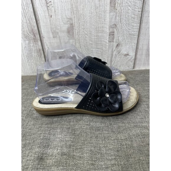 Womens Black Slide On Sandals Size 7 With Flower Rhinestone Detail Open Toe - Picture 2 of 9
